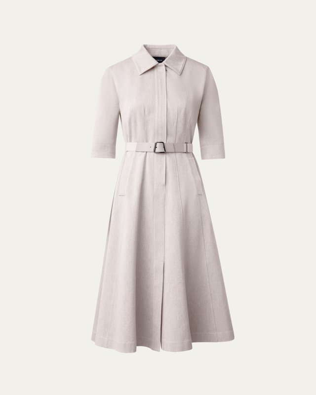 Belted Cotton Denim Midi Dress with Contrast Stitching